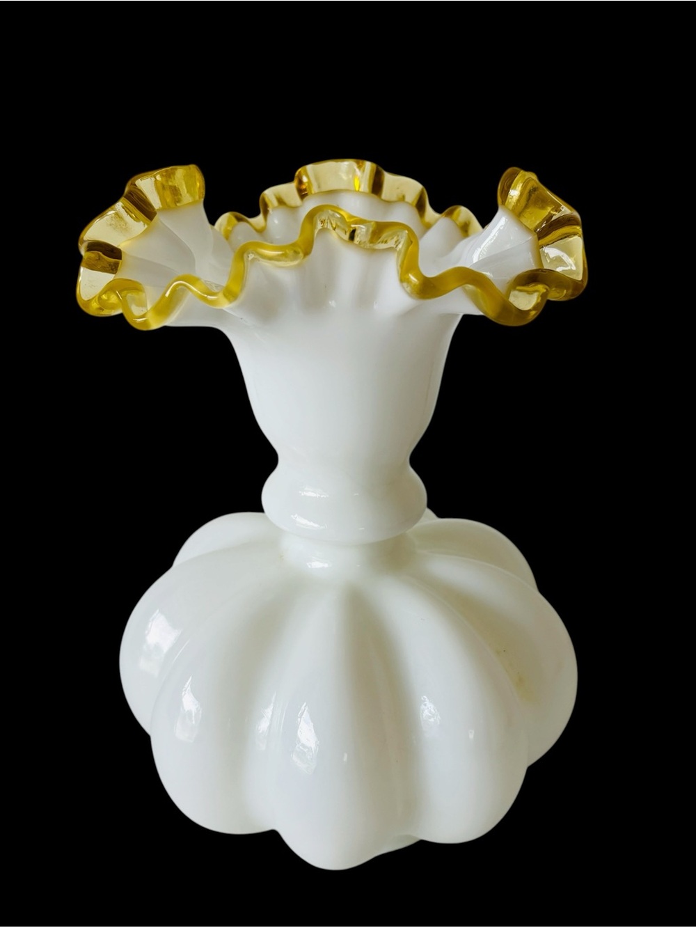 Fenton Art Glass Gold Crest Ruffled Milk Glass Melon Vase 8" Tall Vintage